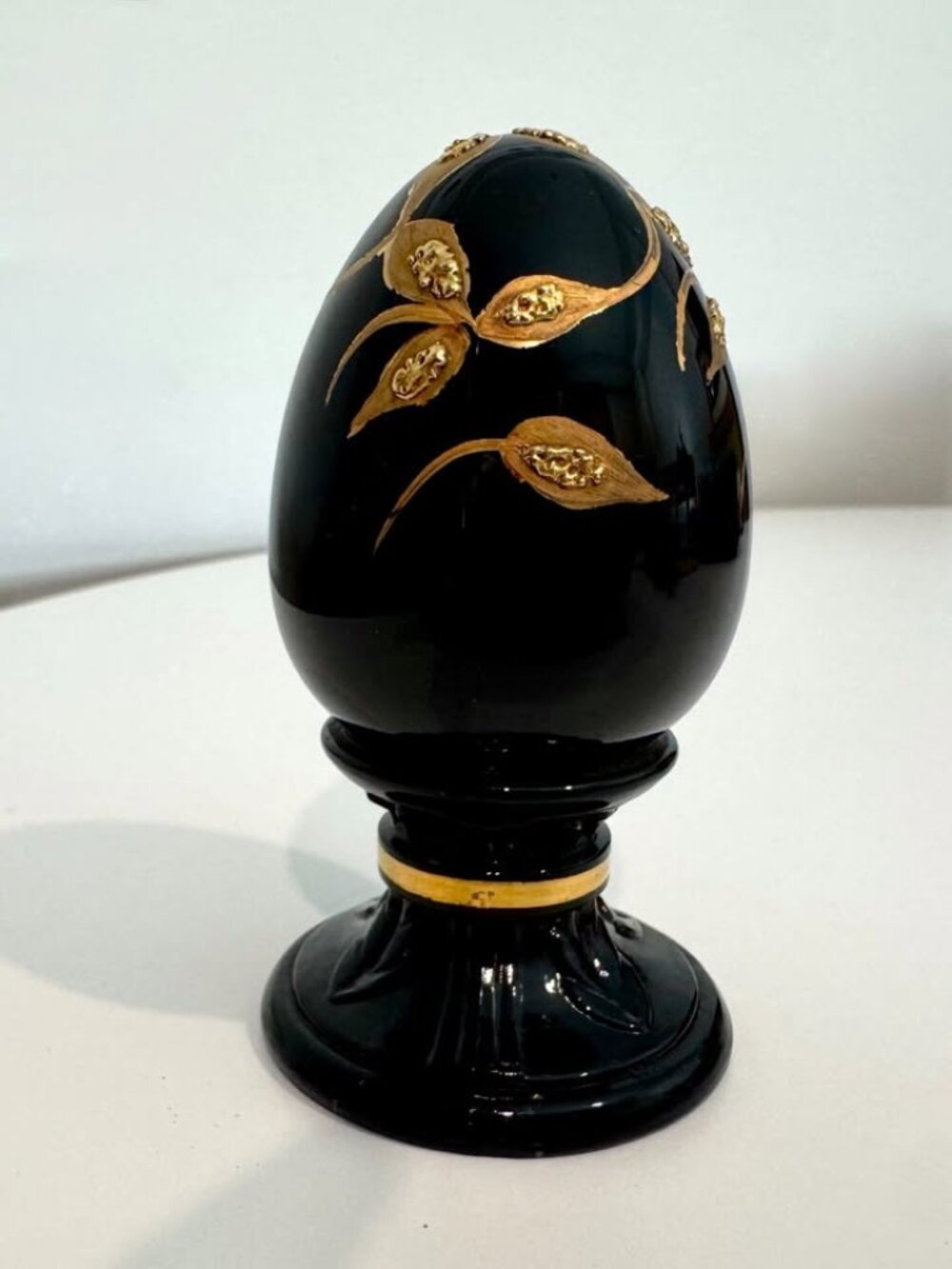 Vintage Fenton Black Gold Glass Hand-Painted Pedestal Egg Signed Limited 3.75"